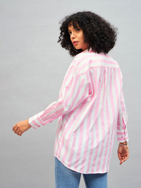 Pink & White Cotton Striped Oversized Shirt-SASSAFRAS