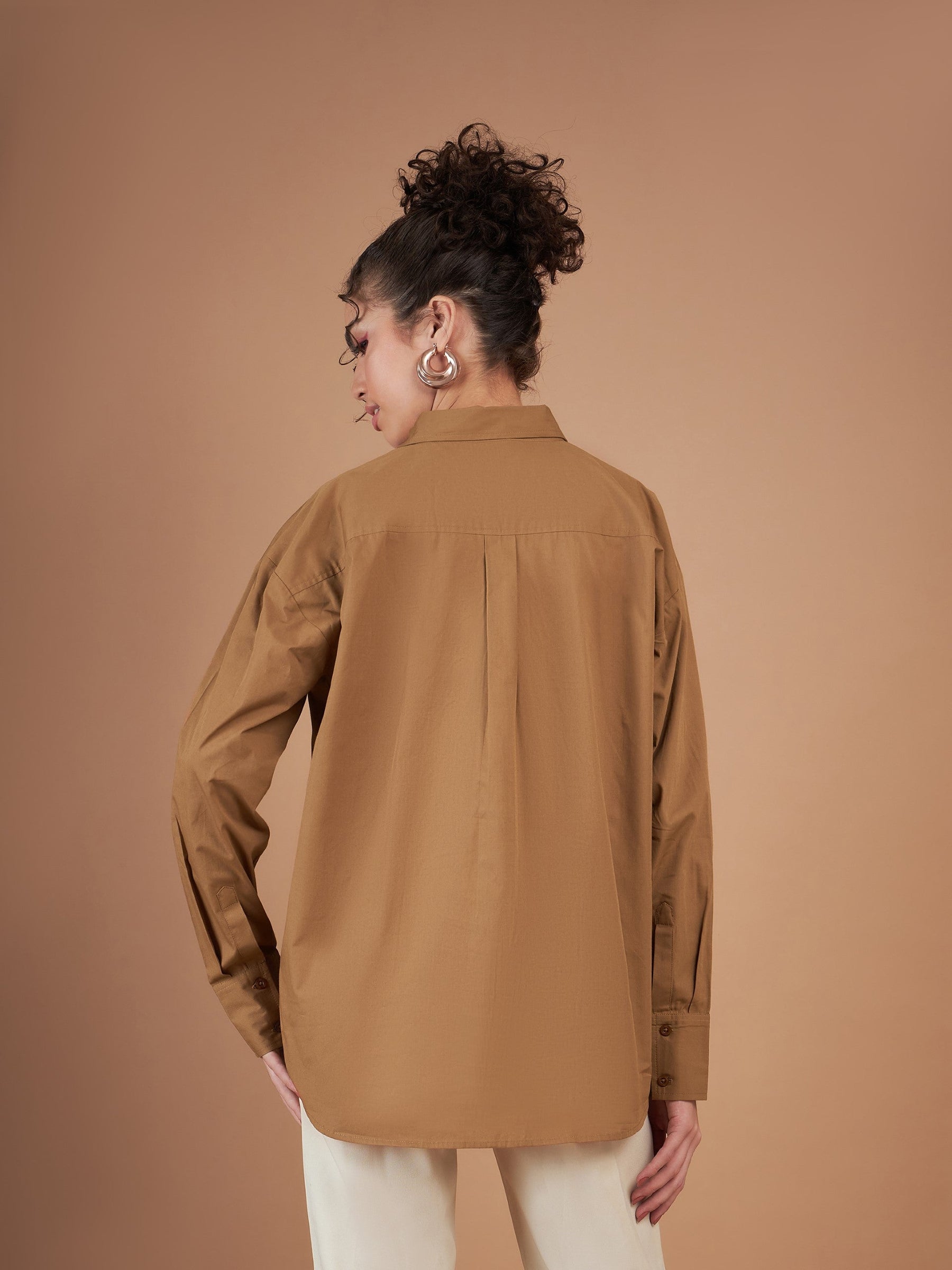 Brown Cotton Poplin Oversized Shirt-SASSAFRAS