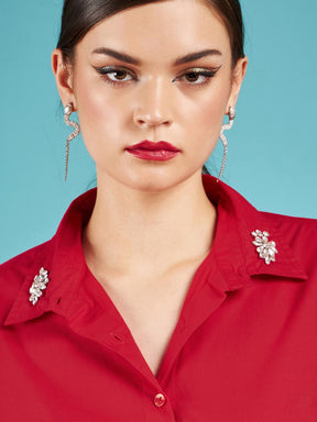 Red Poplin Collar Studded Regular Shirt-SASSAFRAS