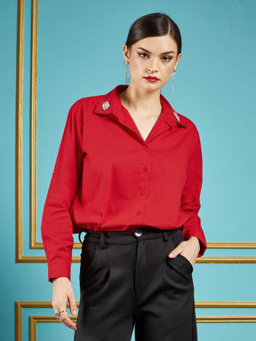Red Poplin Collar Studded Regular Shirt-SASSAFRAS
