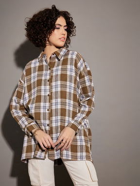 Brown Yarndyed Back Cris Cross Detail Oversized Shirt-SASSAFRAS