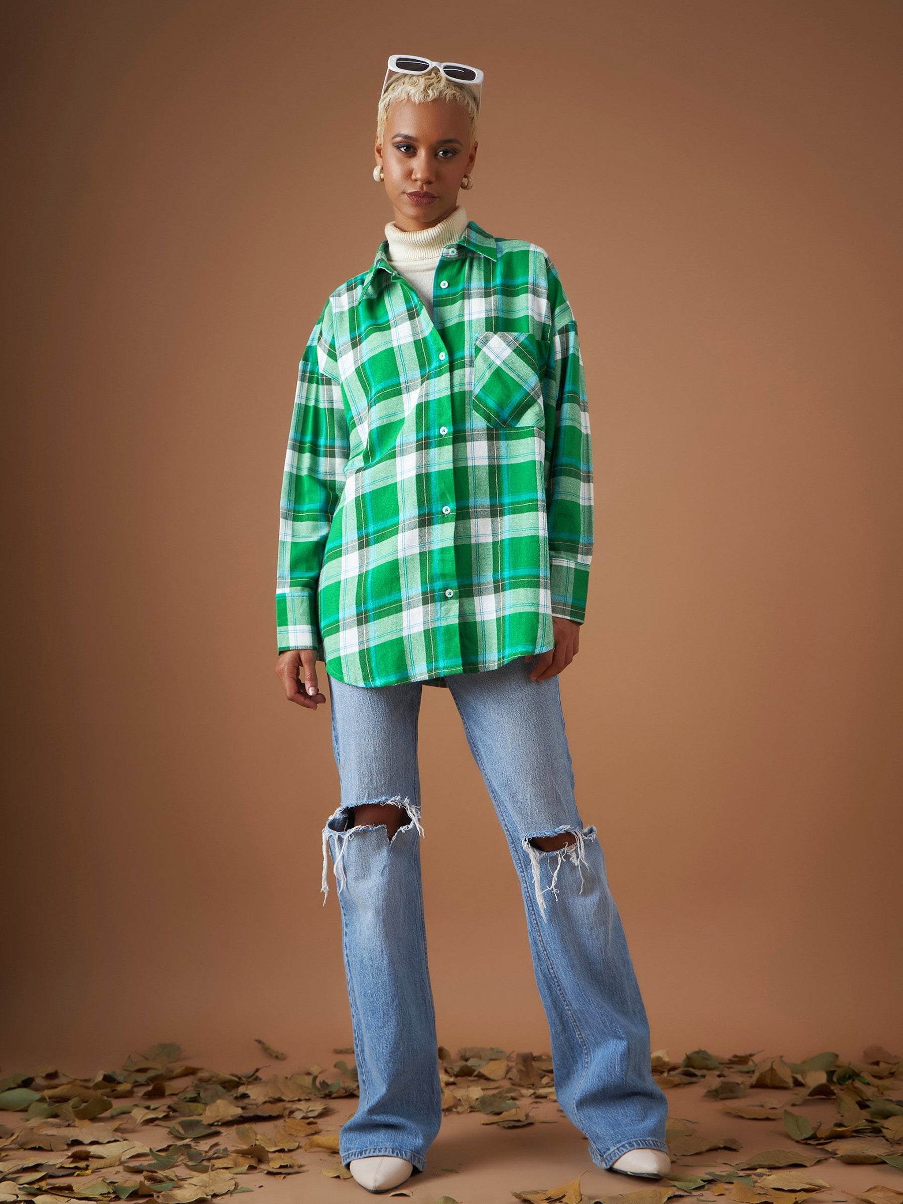 Green Yarndyed Check Oversized Shirt-SASSAFRAS