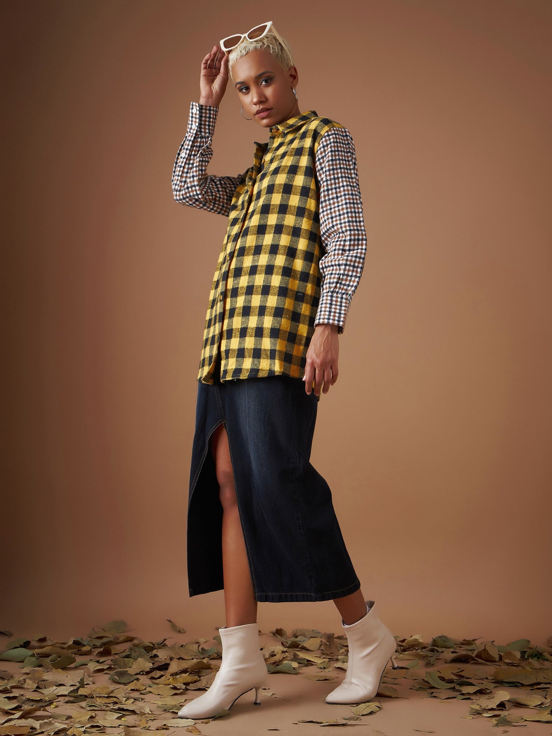 Yellow Flannel Check ColourBlock Regular Shirt-SASSAFRAS