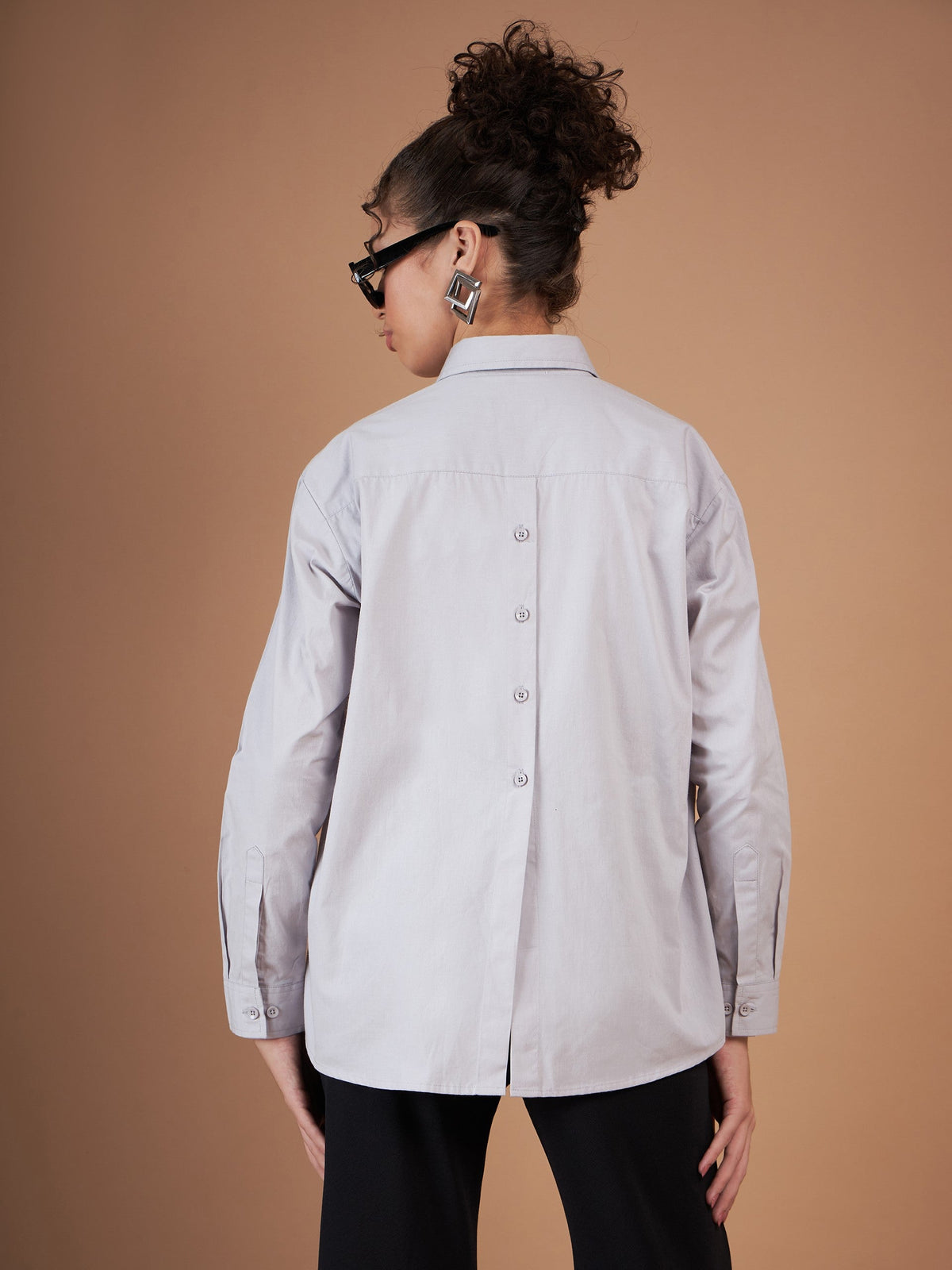 Grey Cotton Poplin Back Placket Shirt-SASSAFRAS