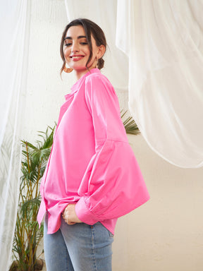 Pink Poplin Lantern Sleeves Shirt-SASSAFRAS