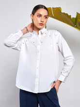 White Poplin Pearl Studded Shirt-SASSAFRAS