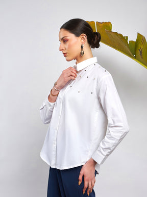White Poplin Pearl Studded Shirt-SASSAFRAS