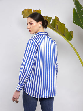 Blue & White Satin Striped Shirt-SASSAFRAS