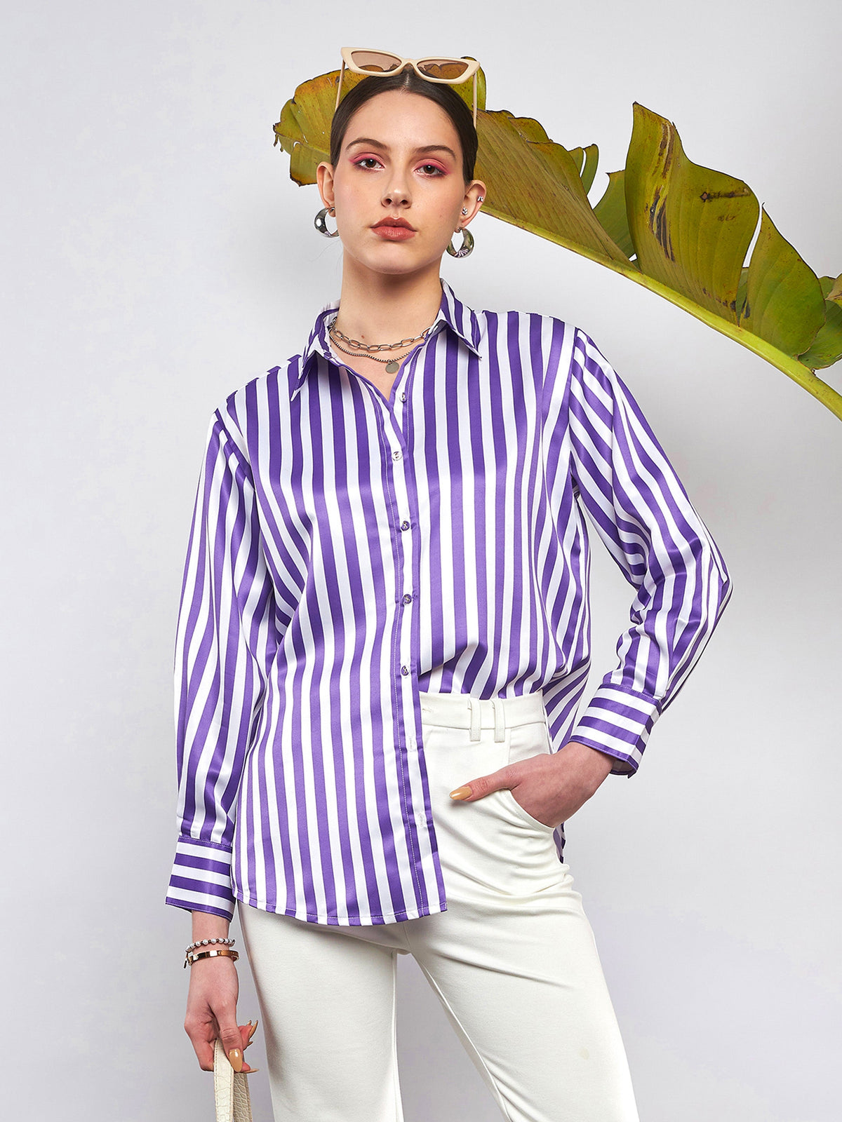 Purple & White Satin Striped Shirt-SASSAFRAS
