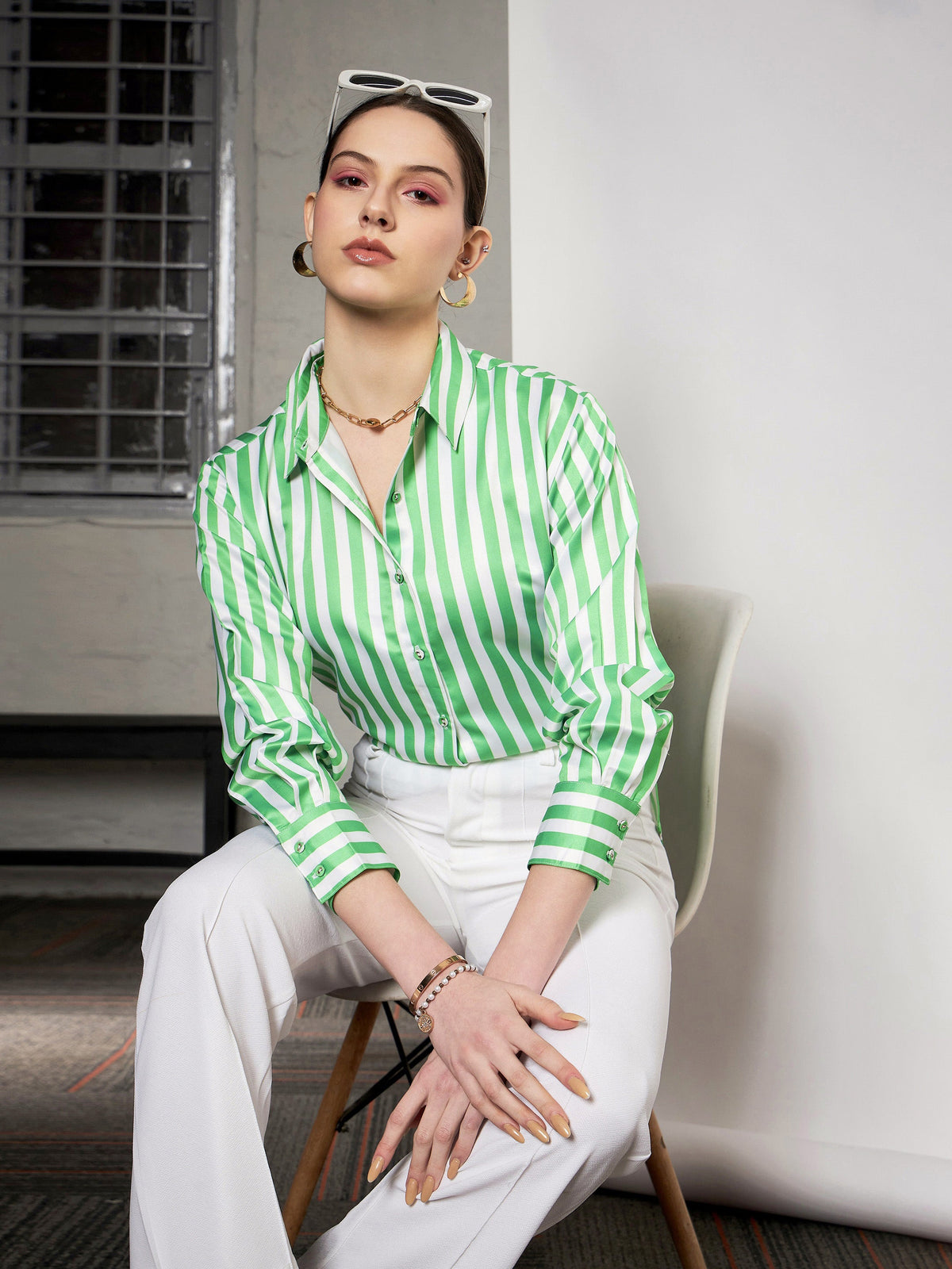 Green & White Satin Striped Shirt -SASSAFRAS