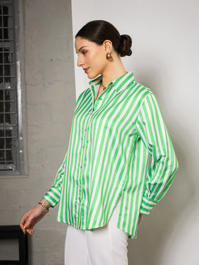 Green & White Satin Striped Shirt -SASSAFRAS