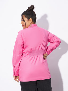 Pink Poplin Pleated Slim Waist Shirt-SASSAFRAS Curve