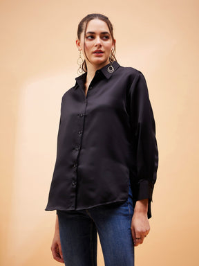Black Solid Satin Regular Shirt-SASSAFRAS BASICS