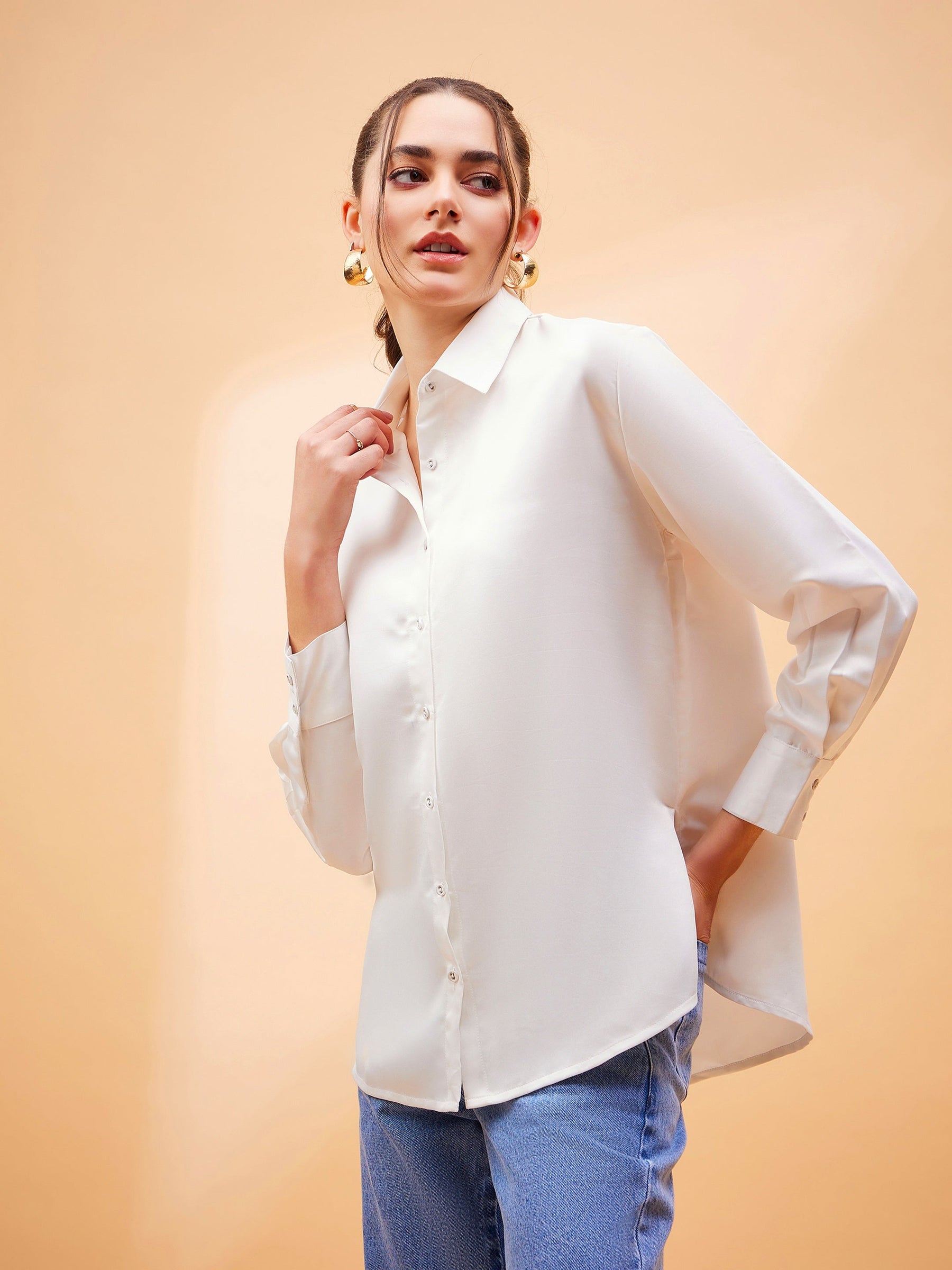 White Solid Satin Regular Shirt-SASSAFRAS BASICS