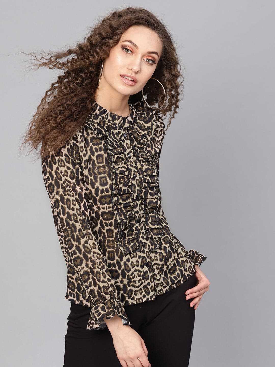 Black Cheetah Cascading Ruffles Shirt-Shirts-SASSAFRAS