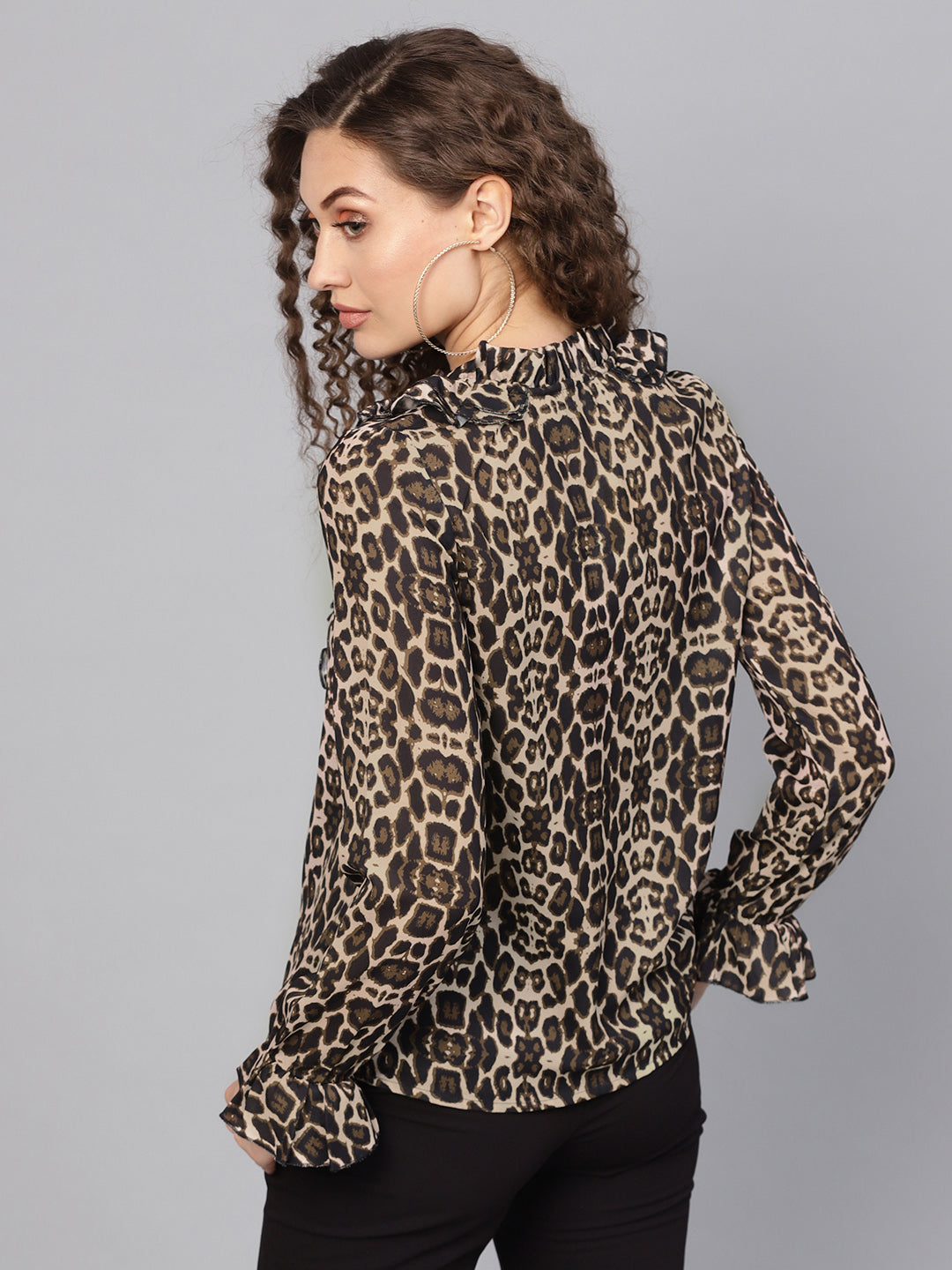 Black Cheetah Cascading Ruffles Shirt