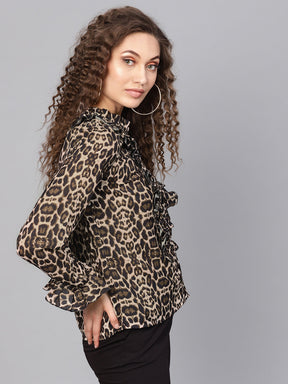 Black Cheetah Cascading Ruffles Shirt