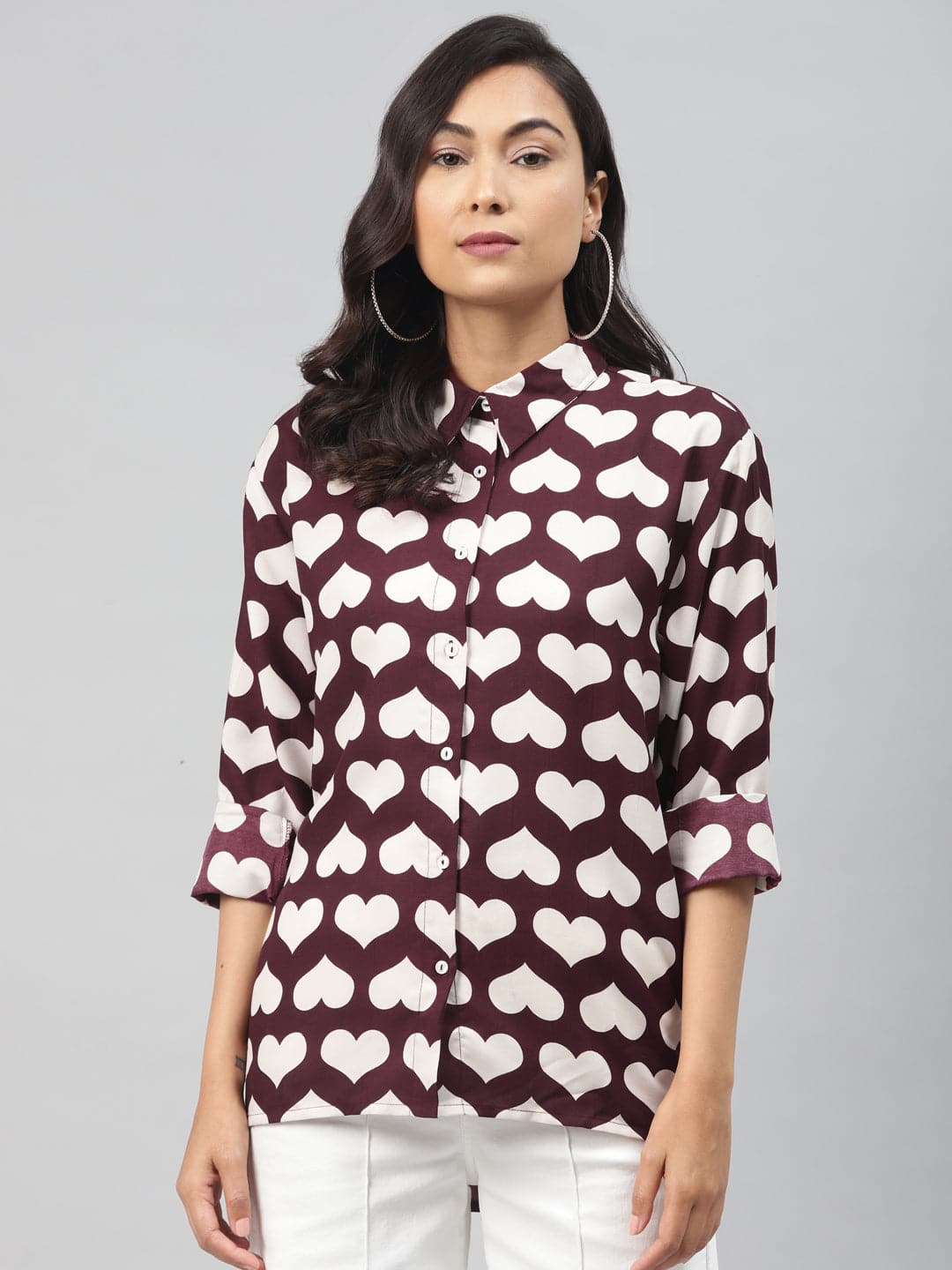 Maroon Heart Print Shirt-Shirts-SASSAFRAS
