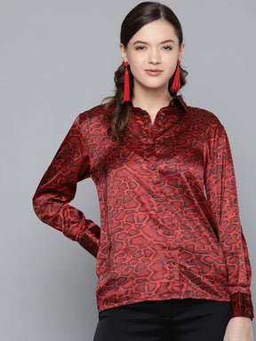 Red Animal Print Satin Shirt-Shirts-SASSAFRAS