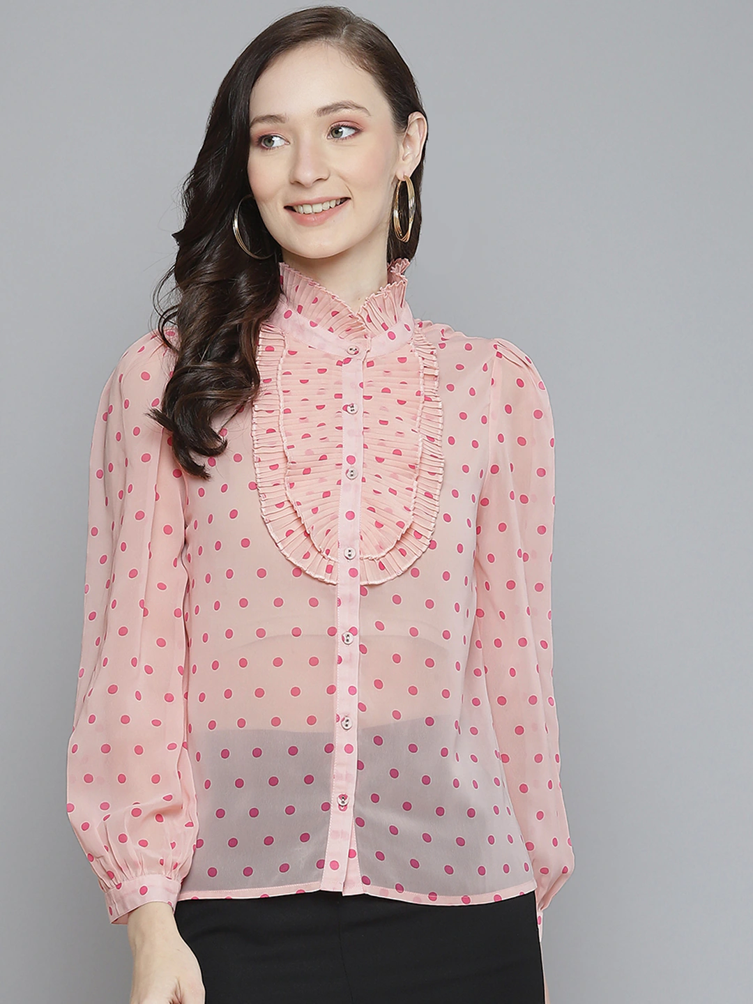Women Pink With Fuchsia Polka Dot Pleated Collar Shirt-Shirts-SASSAFRAS
