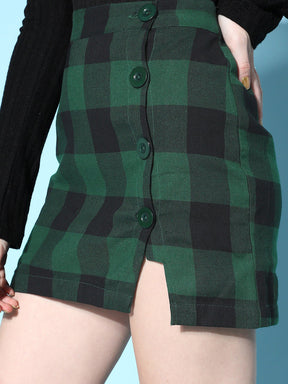 Green Flannel Check Front Button Short Skirt-SASSAFRAS