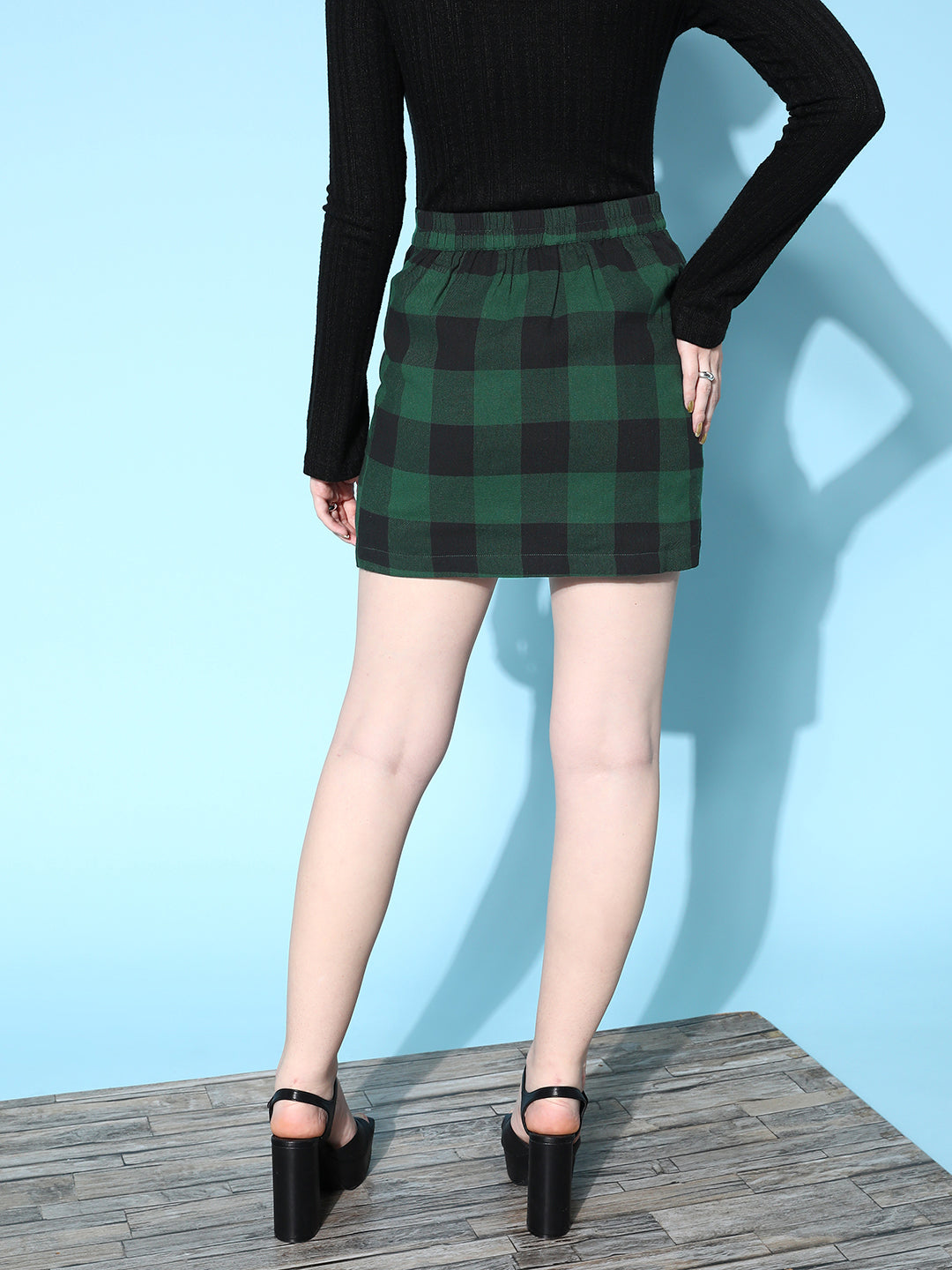 Green Flannel Check Front Button Short Skirt-SASSAFRAS