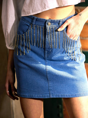 Blue Denim Diamante at Pocket Mini Skirt-SASSAFRAS