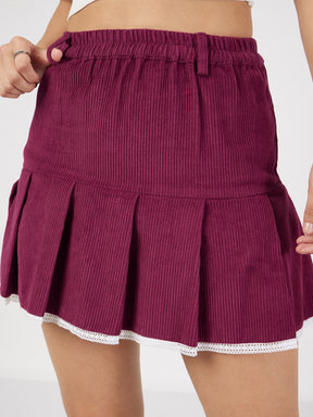 Maroon Corduroy Pleated Mini Skirt-SASSAFRAS