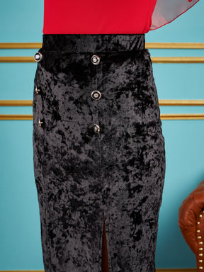Black Velvet Front Button Midi Skirt-SASSAFRAS