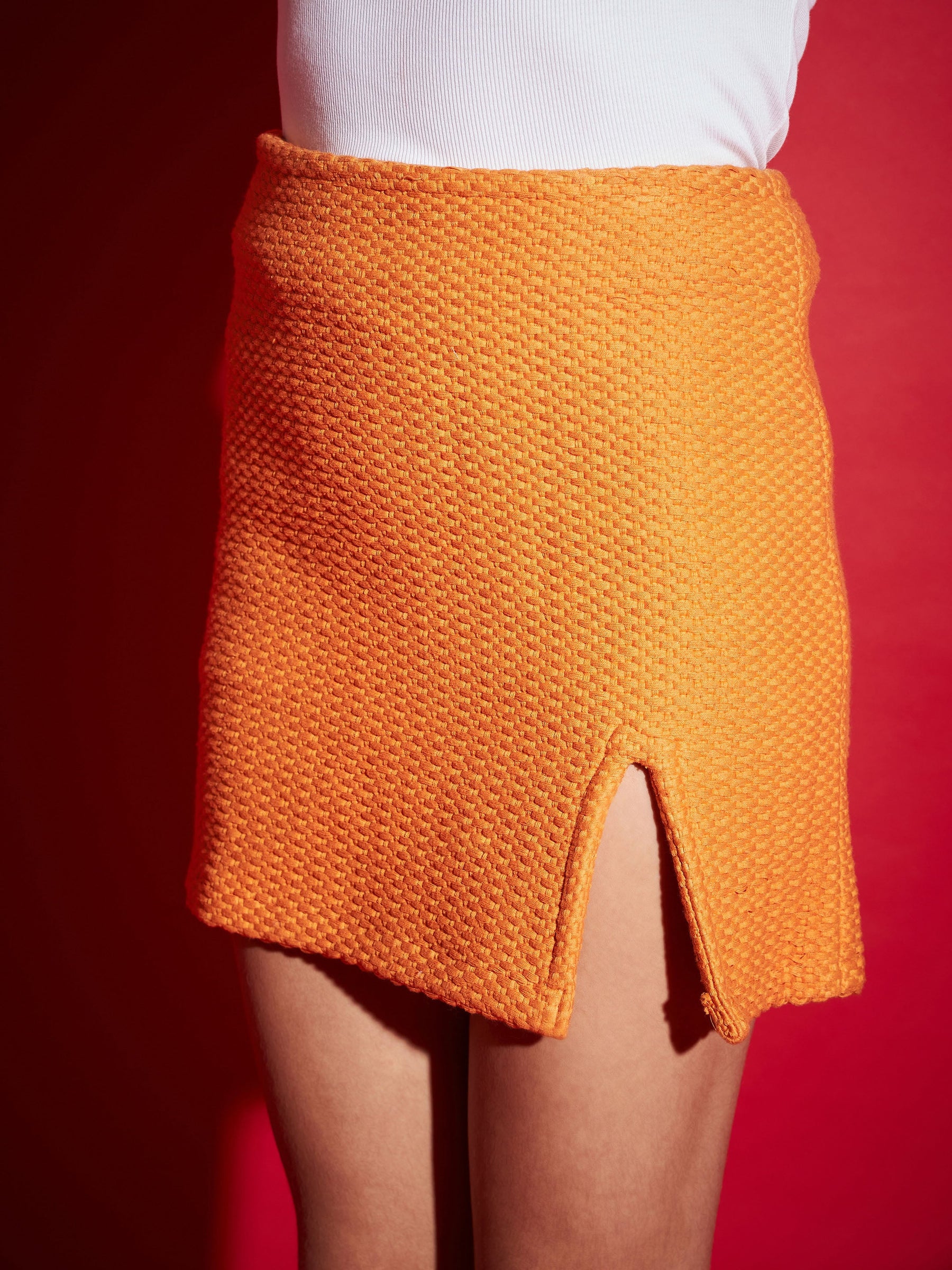 Mustard Tweed Front Slit Mini Skirt-SASSAFRAS