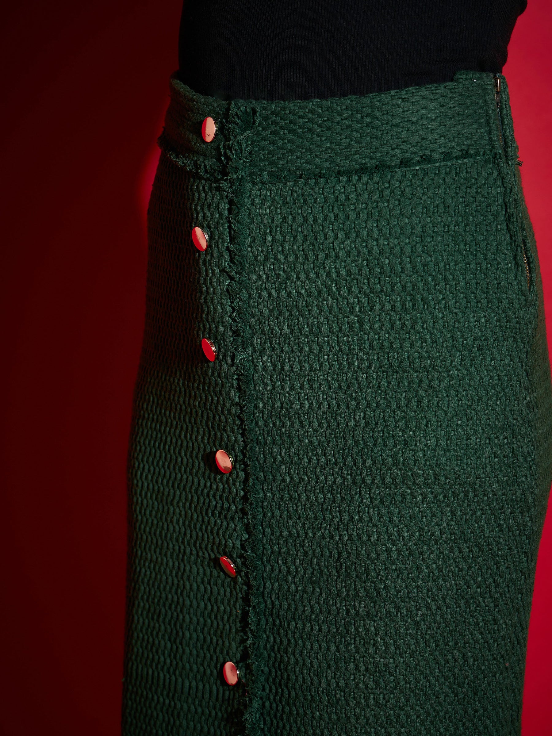Green Tweed Front Button Midi Skirt-SASSAFRAS