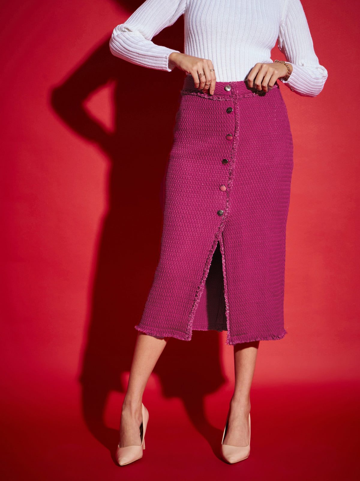 Magenta Tweed Front Button Midi Skirt-SASSAFRAS