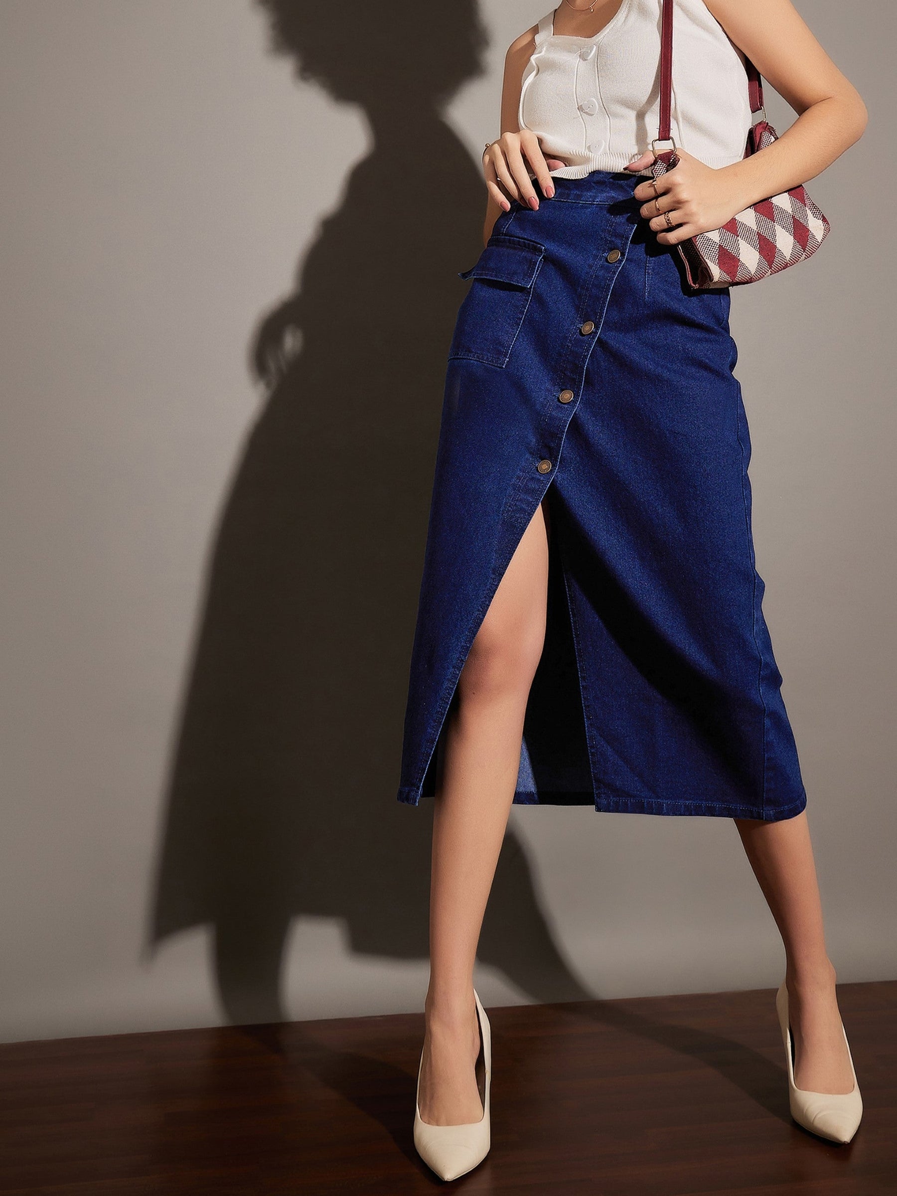 Women Classic Blue Front Button Wrap Skirt