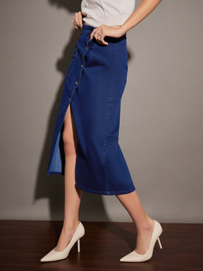 Classic Blue Front Button Wrap Skirt-SASSAFRAS