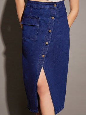 Classic Blue Front Button Wrap Skirt-SASSAFRAS