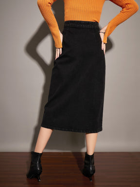 Black Washed Front Button Wrap Skirt-SASSAFRAS