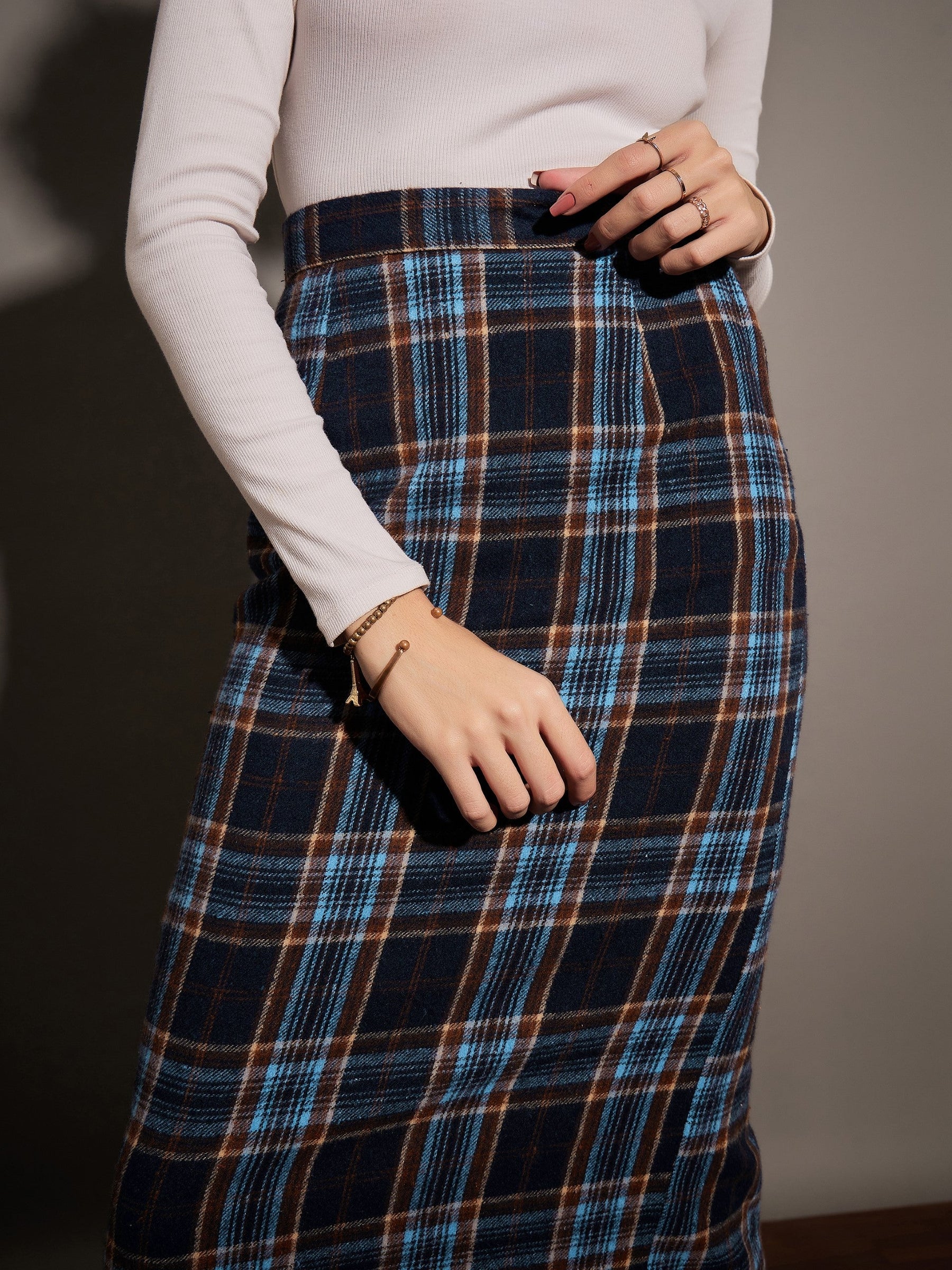 Blue Yarndyed Check Pencil Skirt-SASSAFRAS
