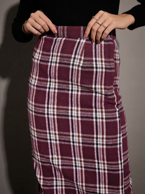 Maroon Yarndyed Check Pencil Skirt-SASSAFRAS