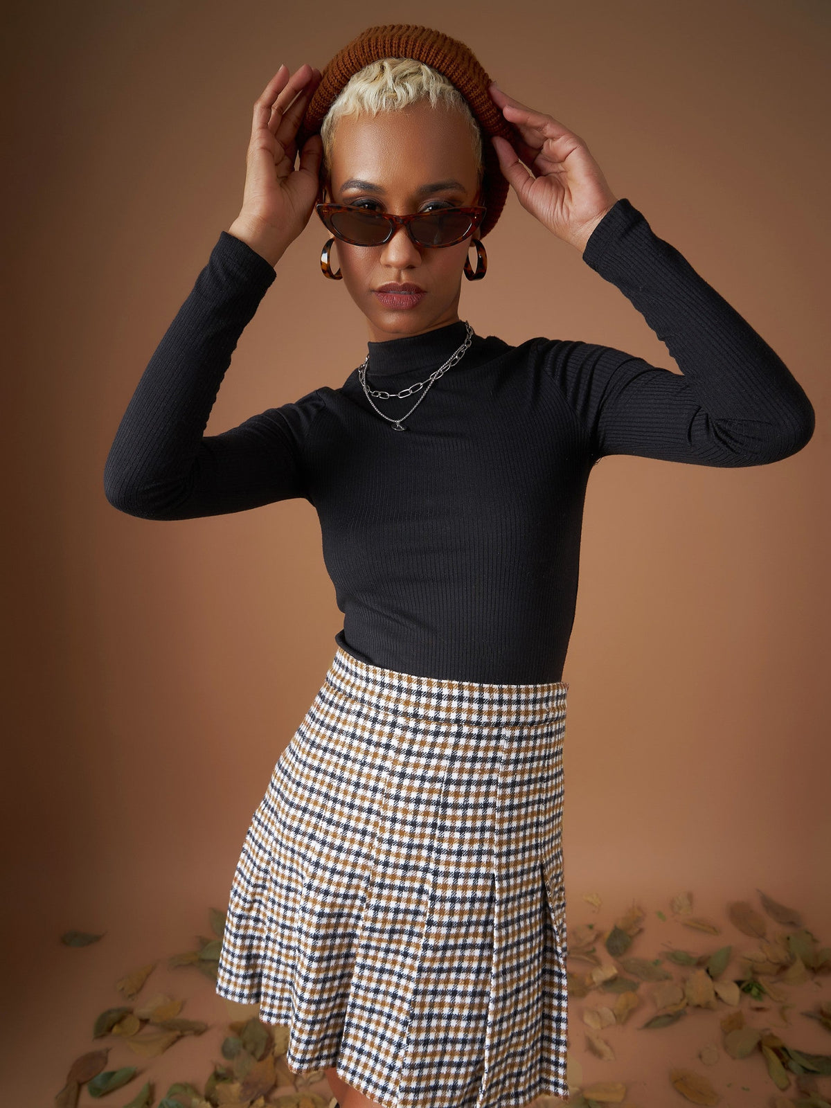 Brown Flannel Check Pleated Mini Skirt-SASSAFRAS