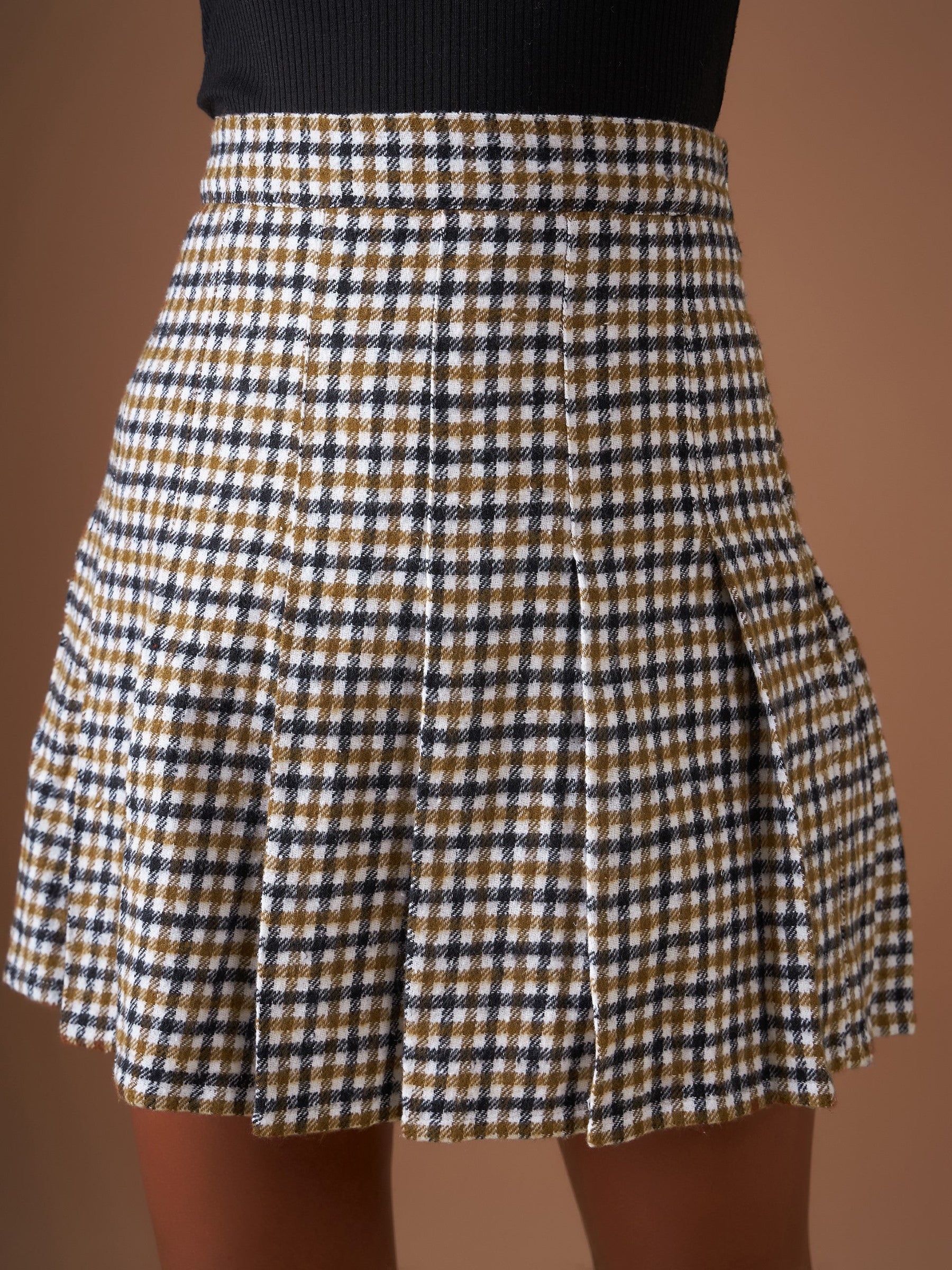 Brown Flannel Check Pleated Mini Skirt-SASSAFRAS
