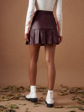 Maroon PU Pleated Mini Skirt-SASSAFRAS