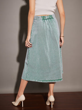 Green Washed Denim A-Line Skirt-SASSAFRAS