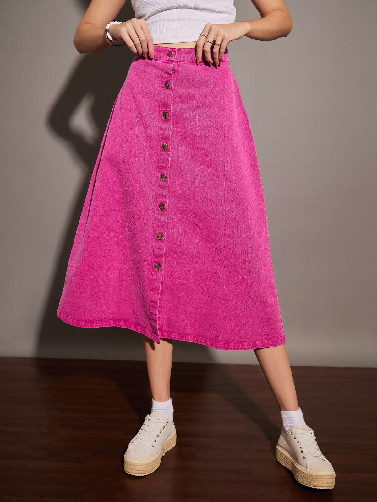 Pink Washed Denim A-Line Skirt-SASSAFRAS