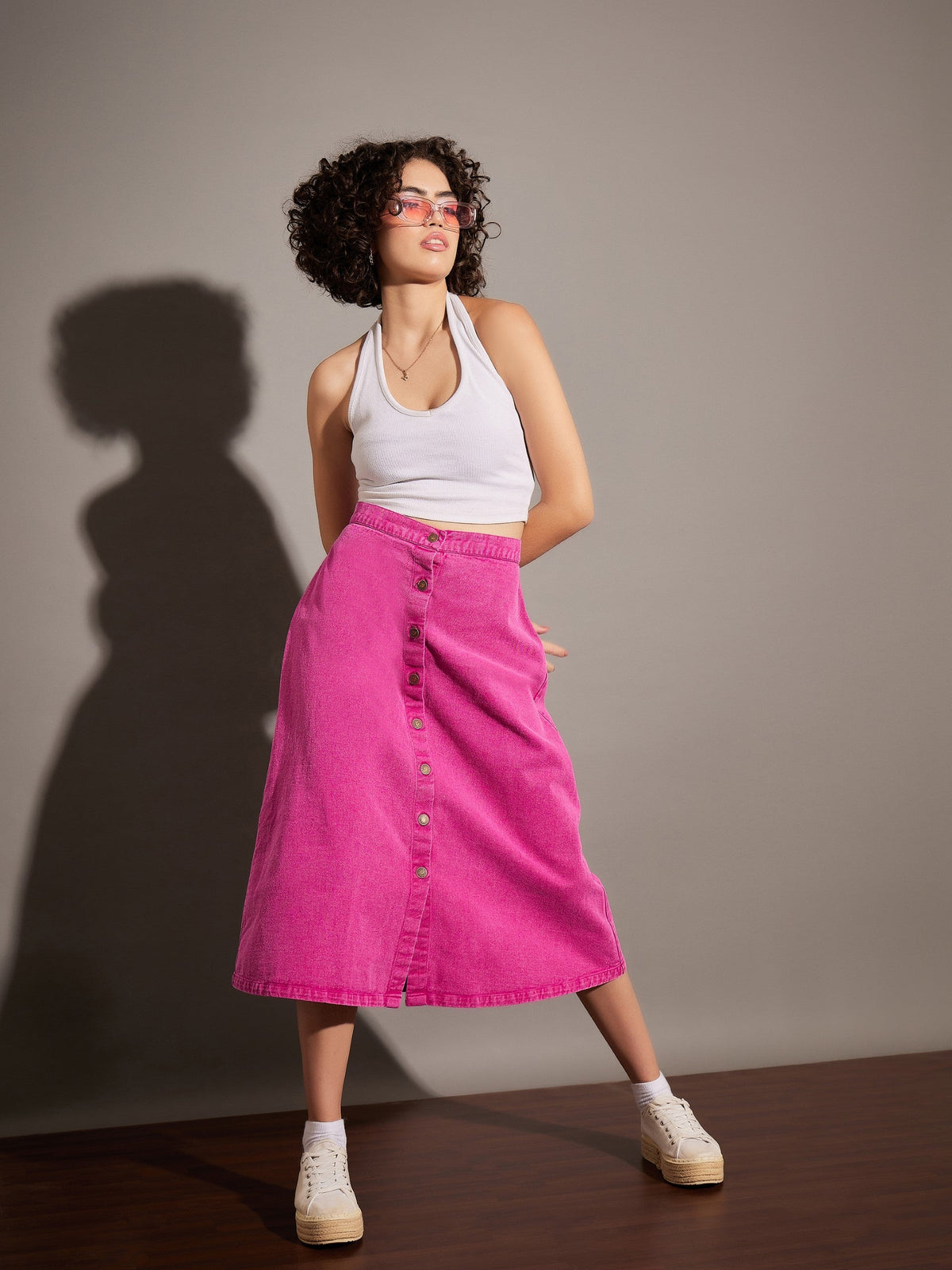 Pink Washed Denim A-Line Skirt-SASSAFRAS