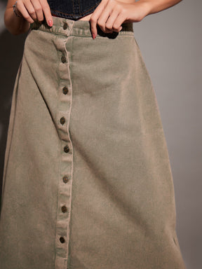 Beige Washed Denim A-Line Skirt-SASSAFRAS