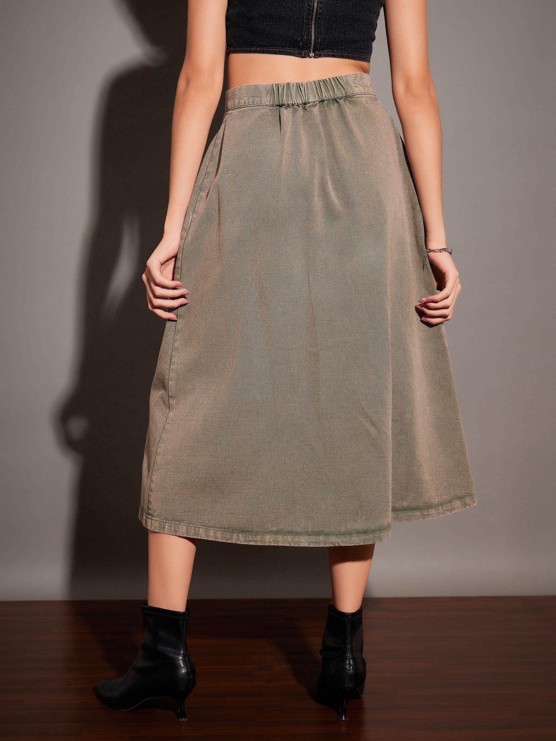 Beige Washed Denim A-Line Skirt-SASSAFRAS