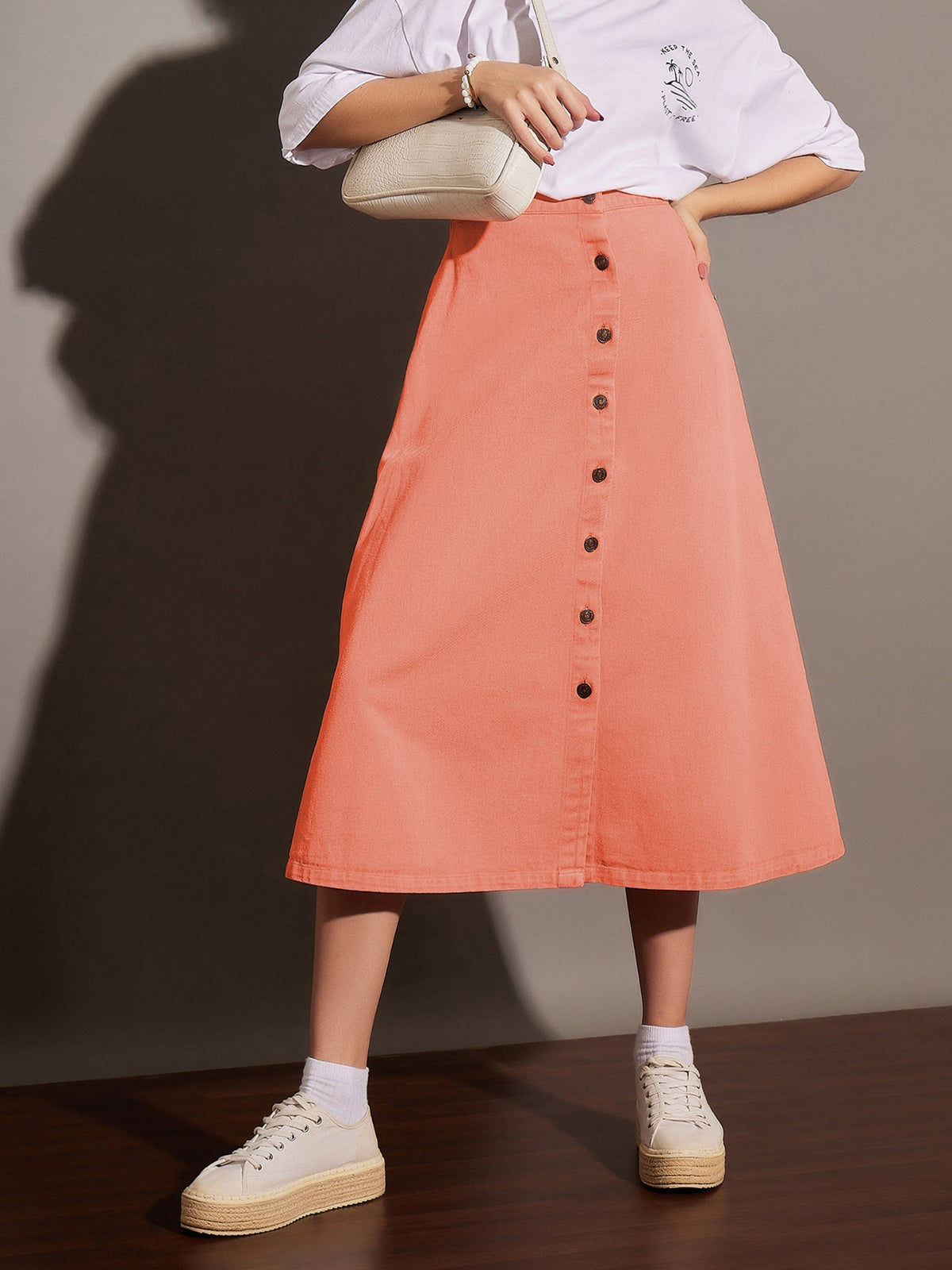 Orange Washed Denim A-Line Skirt-SASSAFRAS