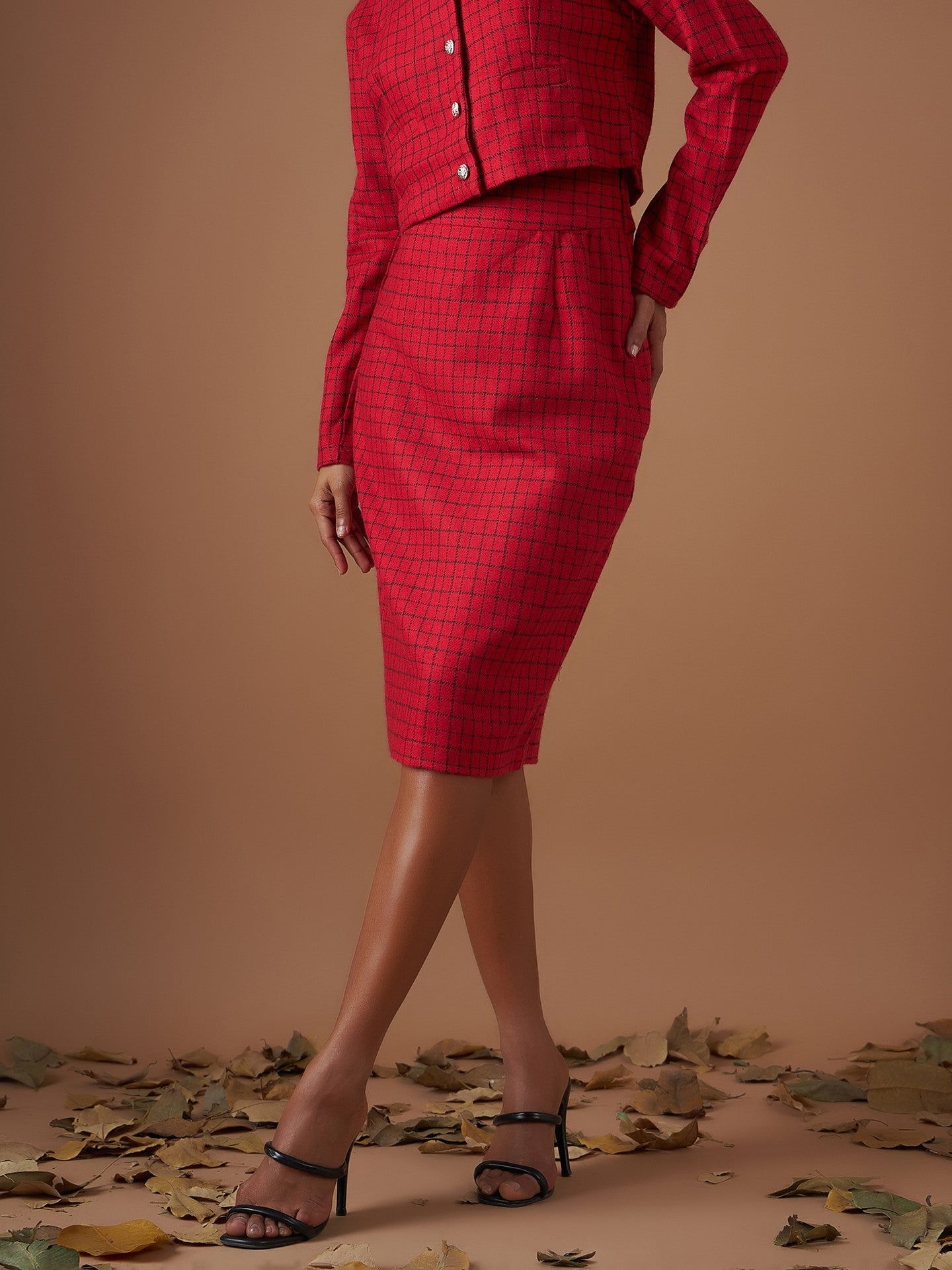 Red Check Jacquard Tweed Pencil Skirt-SASSAFRAS