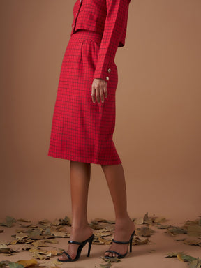 Red Check Jacquard Tweed Pencil Skirt-SASSAFRAS
