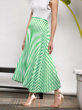 Green & White Satin Striped Accordion Pleated Maxi Skirt -SASSAFRAS
